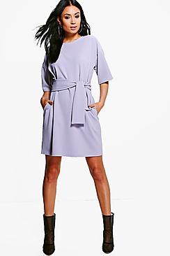 Boohoo Structured Tie Belt Waist Shift Dress