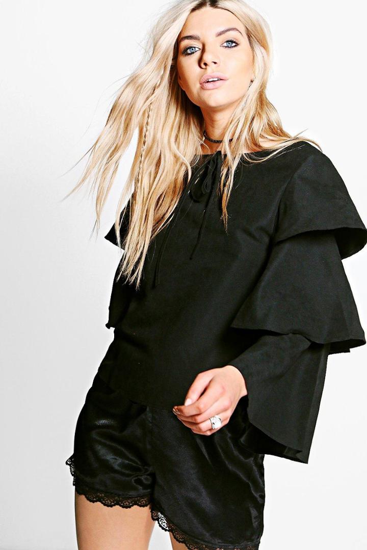 Boohoo Boutique Felicity Tiered Sleeve Tie Top Black