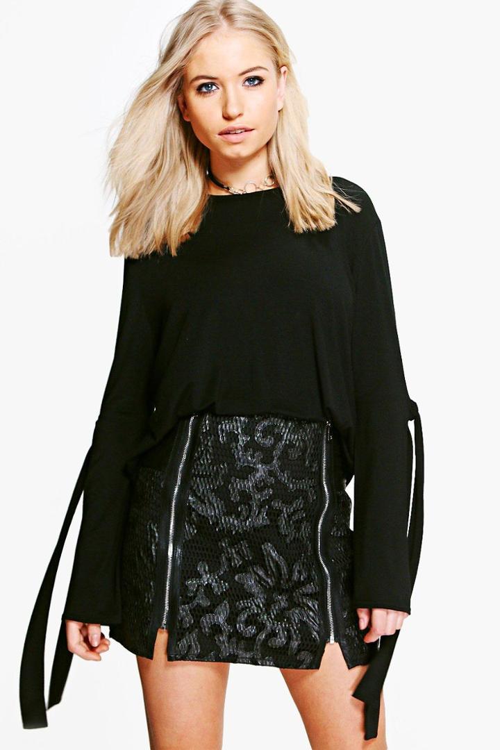 Boohoo Lauren Tie Sleeve T-shirt Black