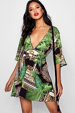 Boohoo Roxie Plunge Tie Waist Kimono Sleeve Dress