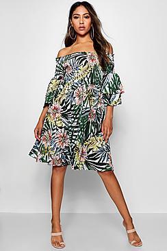 Boohoo Soph Shirred Off The Shoulder Tropical Midi Dress