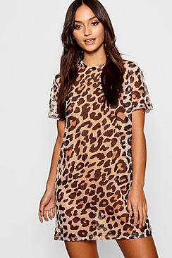 Boohoo Petite Leopard Print Mesh T Shirt Dress