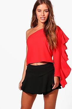 Boohoo Petite Yana One Shoulder Ruffle Woven Top