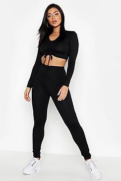 Boohoo Ribbed Tie Drawstring Top & Legging Co-ord