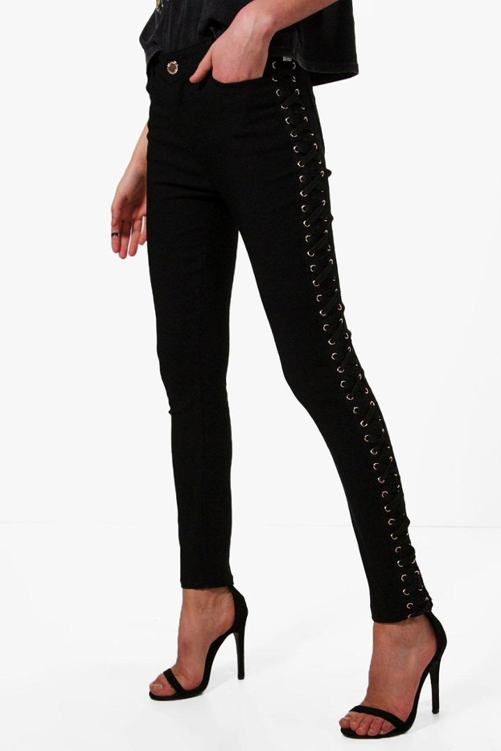 Boohoo Selma Side Lace Up Skinny Jeans Black