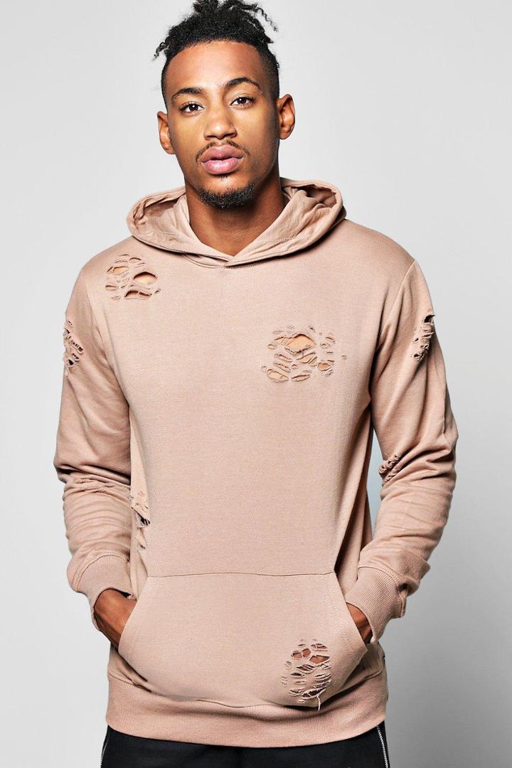 Boohoo Over The Head Distressed Hoodie Taupe