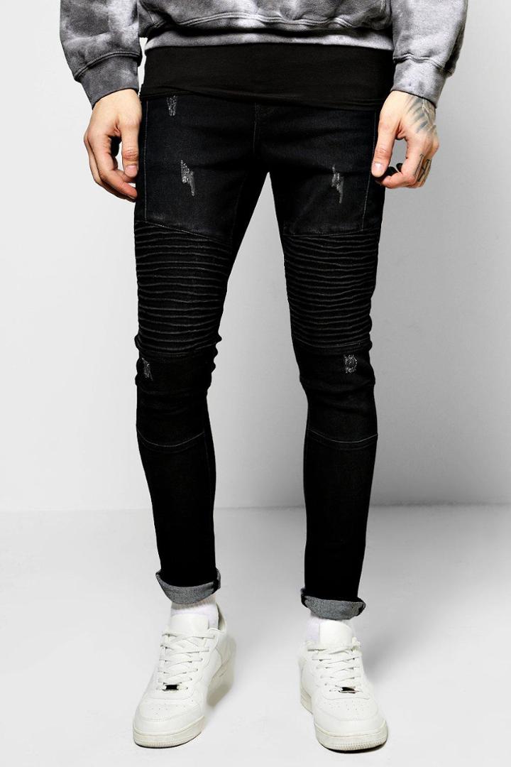 Boohoo Skinny Ribbed Biker Jeans With Abrasions Black
