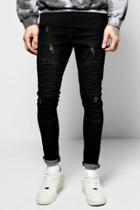 Boohoo Skinny Ribbed Biker Jeans With Abrasions Black