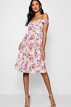 Boohoo Jess Floral Bardot Knot Midi Skater Dress