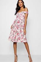 Boohoo Jess Floral Bardot Knot Midi Skater Dress