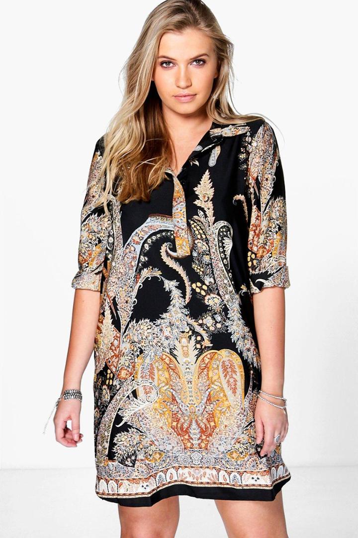 Boohoo Plus Eveline Paisley Border Shirt Dress Black