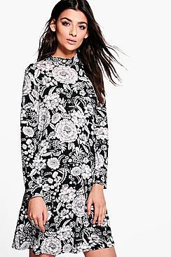 Boohoo Raelyn Floral High Neck Swing Dress