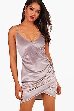 Boohoo Double Strap Wrap Detail Velvet Bodycon Dress