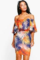 Boohoo Selena Off Shoulder Tropical Bodycon Dress Blue