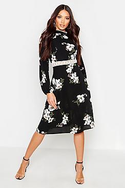 Boohoo Woven Floral Crochet Waist Midi Dress