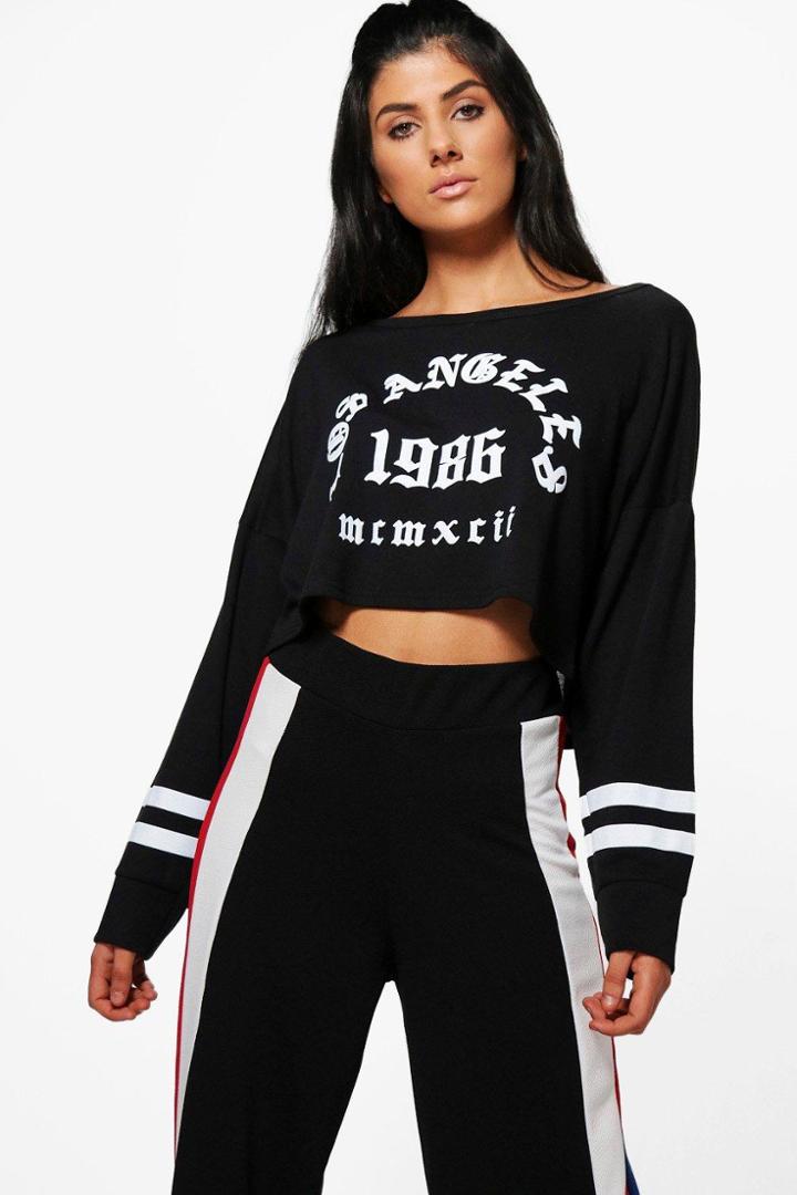 Boohoo Sarah La Print Crop Knitted Top Black