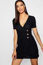 Boohoo Wrap Over Horn Button Rib Knit Swing Dress