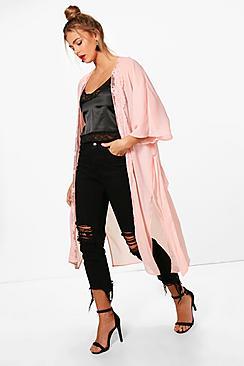 Boohoo Bec Lace Trim Woven Kimono