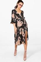 Boohoo Monica Wrap Ruffle Sleeve Floral Midi Dress
