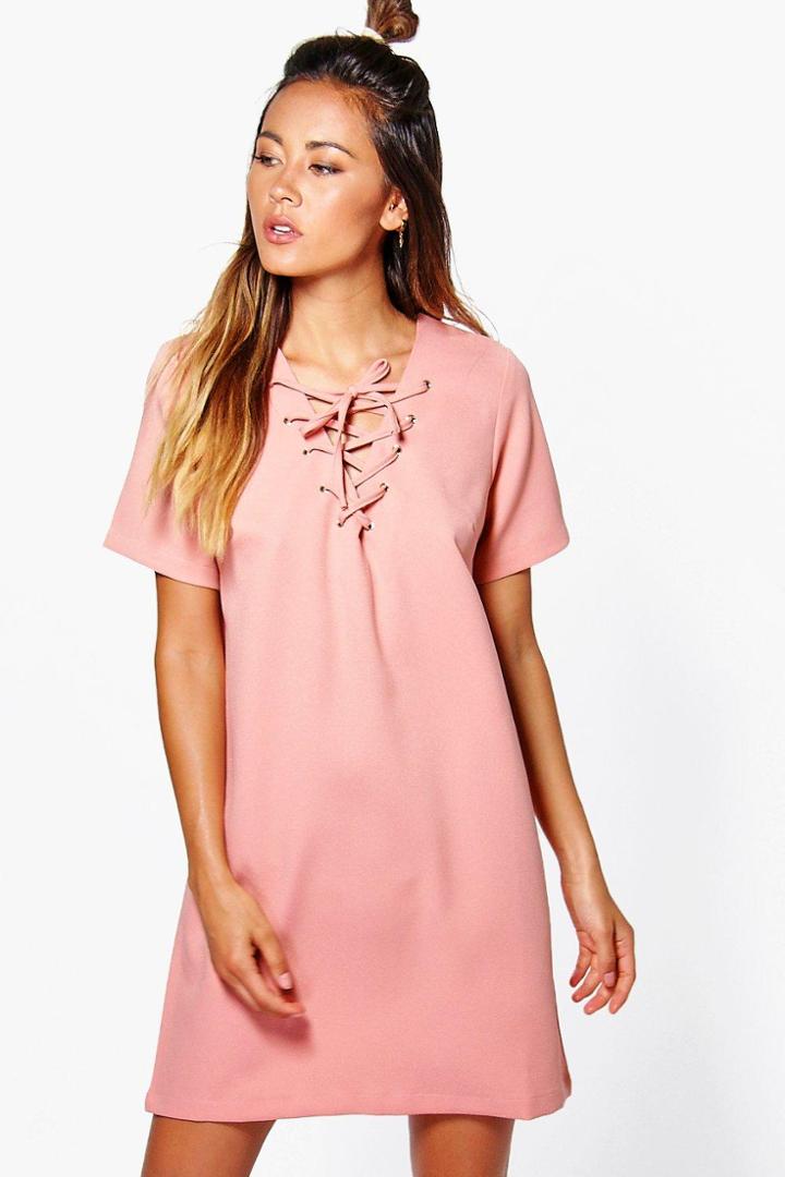 Boohoo Kelly Lace Up Shift Dress Nude