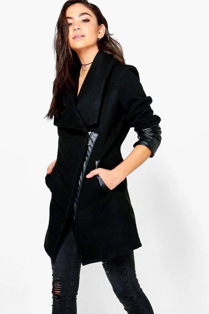 Boohoo Eve Wrap Pu Sleeve Coat Black
