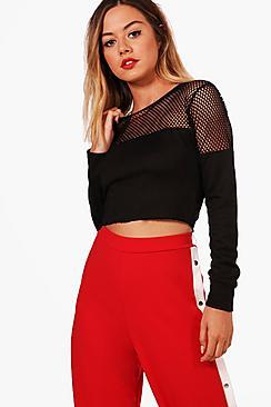 Boohoo Petite Tilly Raw Hem Fishnet Crop Sweat