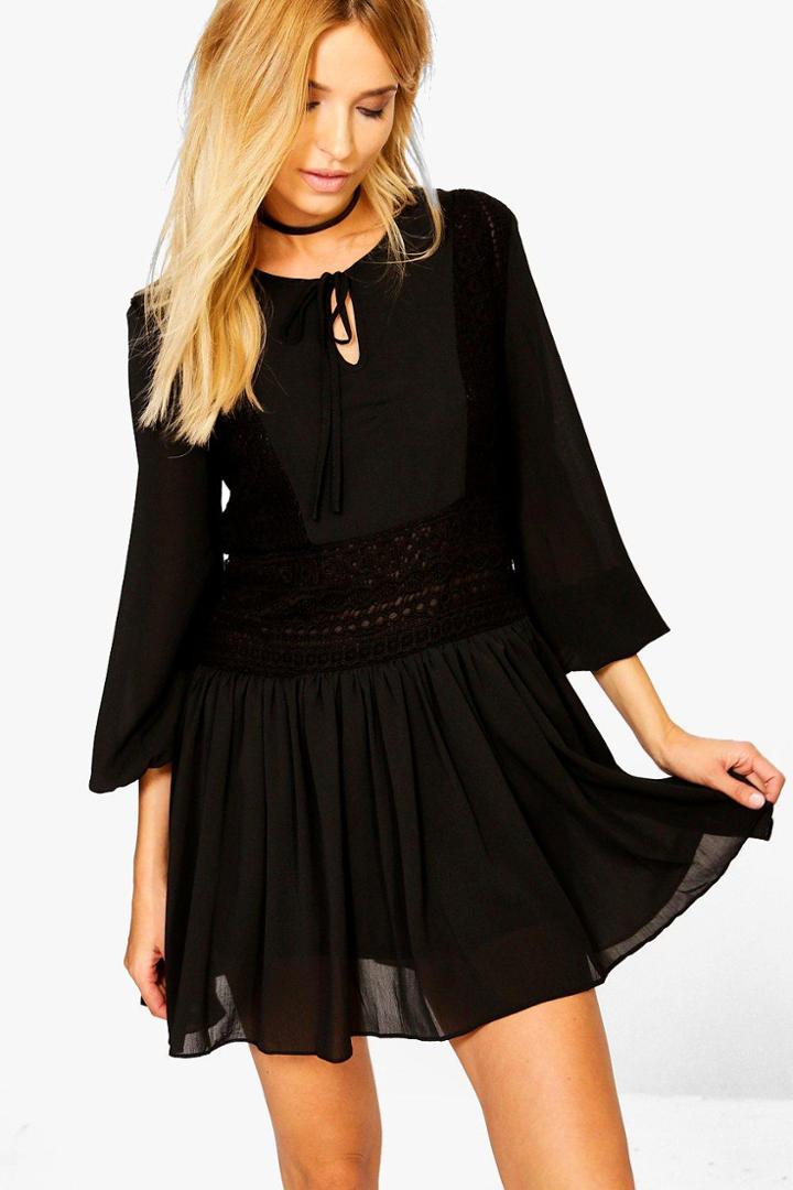 Boohoo Victoria Volumised Sleeve Lace Skater Dress Black