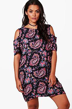 Boohoo Plus Julia Paisley Printed Open Shoulder Shift Dress