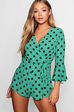 Boohoo Polka Dot Wrap Tie Playsuit