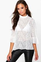 Boohoo Rose All Over Lace High Neck Blouse White