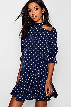 Boohoo Gemma Star Print Ruffle Deatil Skater Dress
