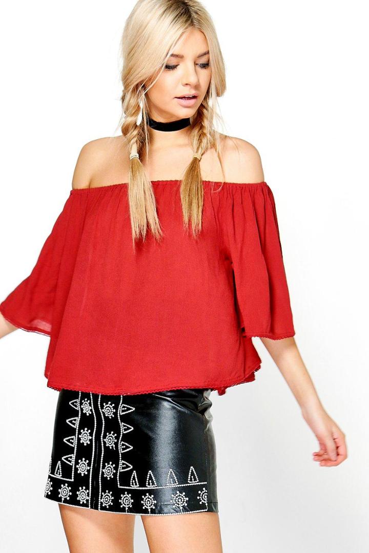Boohoo Tillie Crochet Hem Off The Shoulder Top Rust