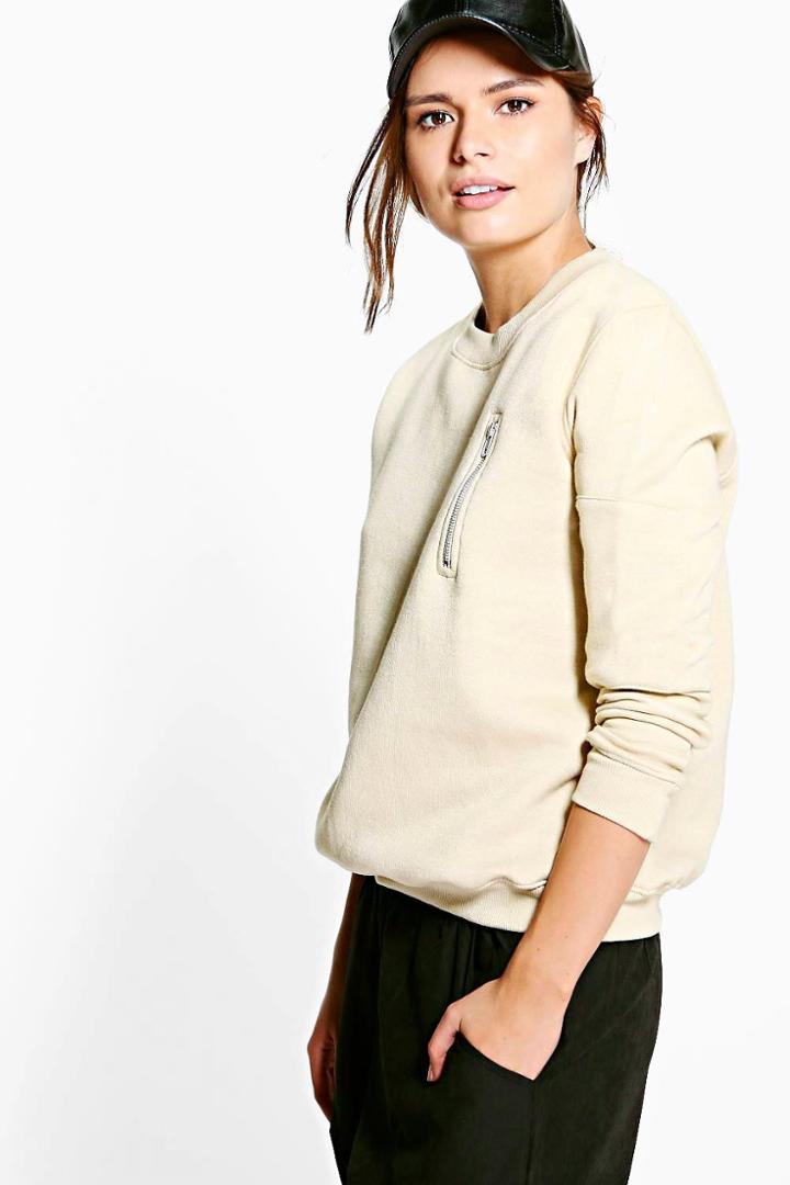 Boohoo Millie Zip Detail Sweatshirt Stone
