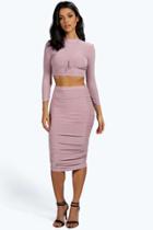 Boohoo Suvi Rouched Sleeve Midi Skirt Co-ord Set Mauve