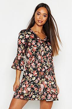 Boohoo Boho Floral Satin Skater Dress