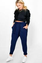 Boohoo Plus Jenni Bow Tie Waist Pleat Front Trouser Navy