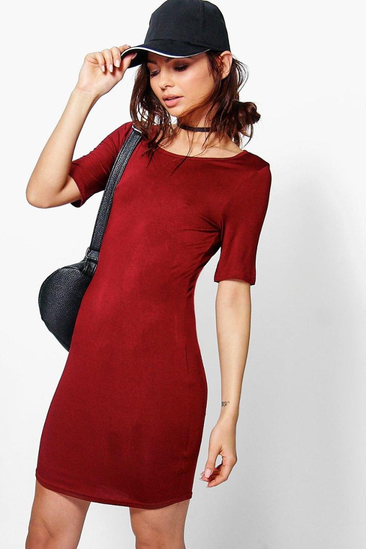 Boohoo Scarlett High Neck Curved Hem Bodycon Dress Wine