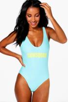 Boohoo Malta Sun Squad Slogan Bathing Suit Mint