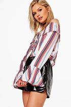 Boohoo Olivia Tie Neck Striped Bardot Shirt