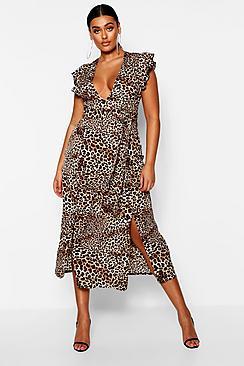 Boohoo Plus Animal Ruffle Midi Dress