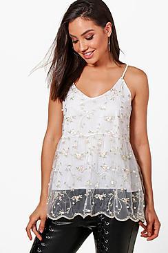 Boohoo Ava Embroidered Pearl Embellished Mesh Cami