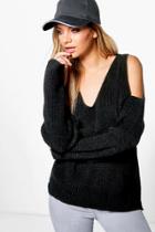 Boohoo Sarah Cold Shoulder V Neck Oversized Jumper Black