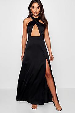 Boohoo Jen Satin Cross Front Thigh Split Maxi Dress