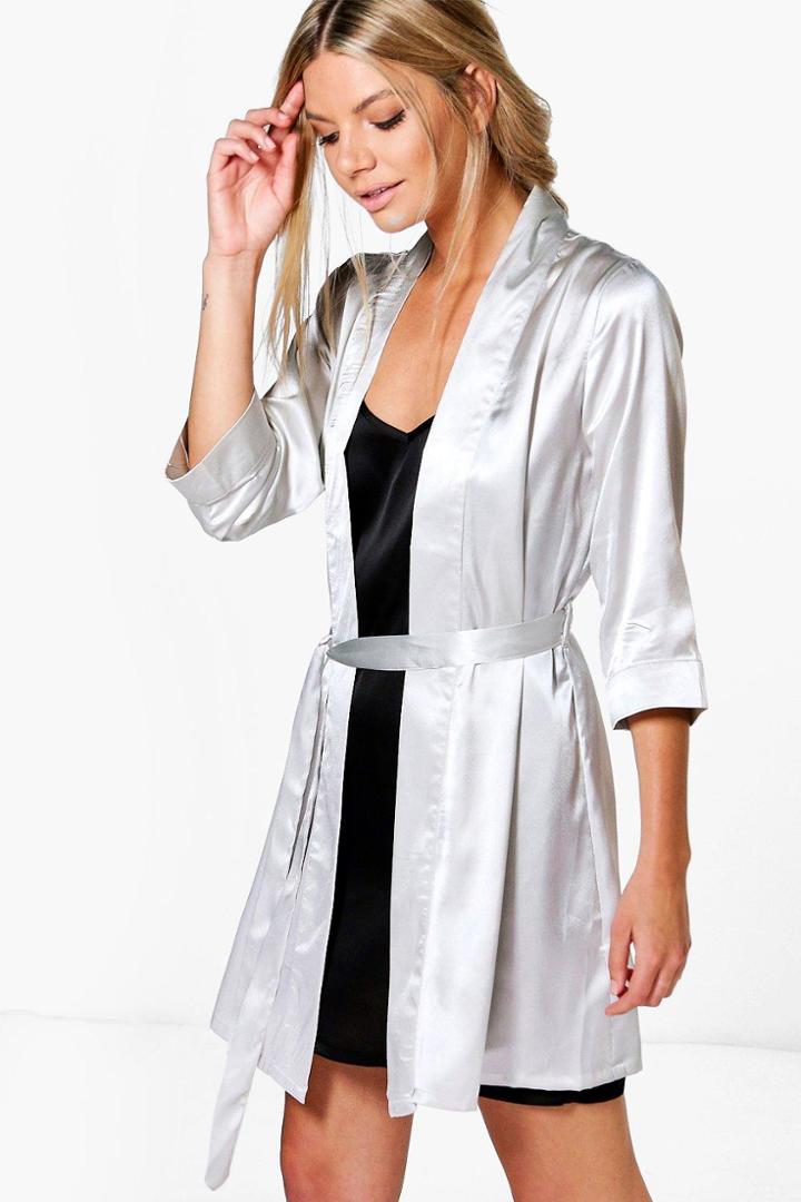 Boohoo Charlotte Satin Kimono Robe Grey