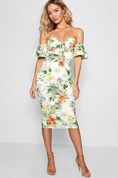 Boohoo Nia Floral Tie Front Off The Shoulder Midi Dress