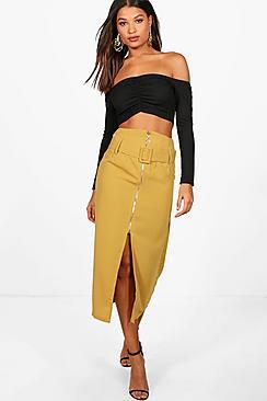 Boohoo Klaudia Buckle Front Split Zip Detail Midi Skirt
