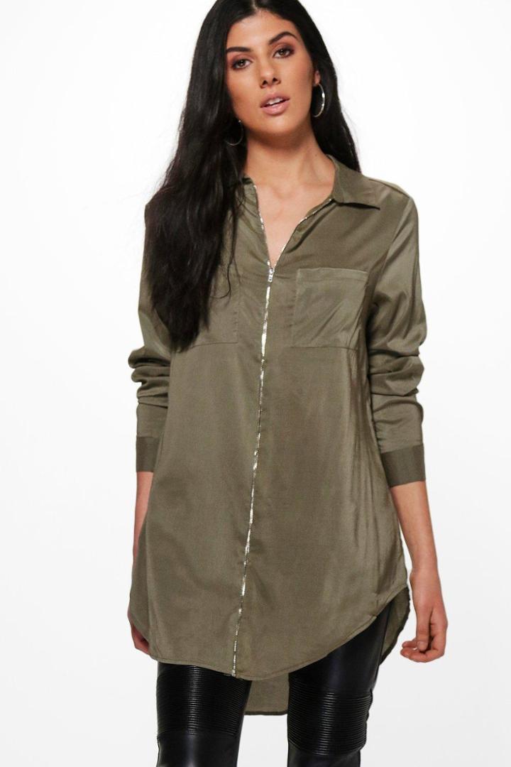 Boohoo Maria Long Sleeve Zip Front Shirt Khaki
