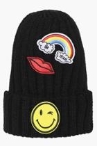 Boohoo Ebony Rainbow Kiss Smiley Patch Beanie Hat Black
