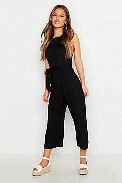 Boohoo Petite High Neck Belted Rib Culotte Jumpsuit