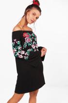 Boohoo Imogen Off Shoulder Printed Embroidery Shift Dress Black